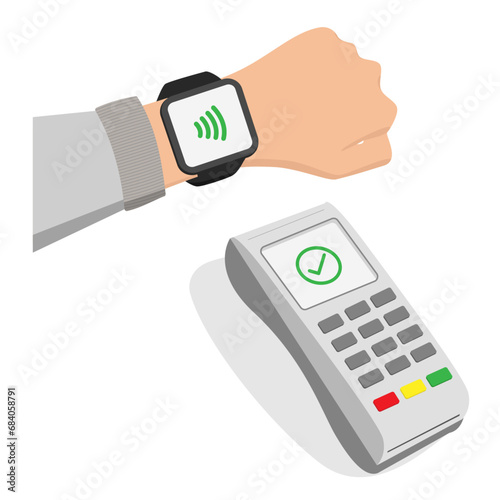 Payment with a smart watch at the payment terminal. contactless payment concept. Flat vector illustration