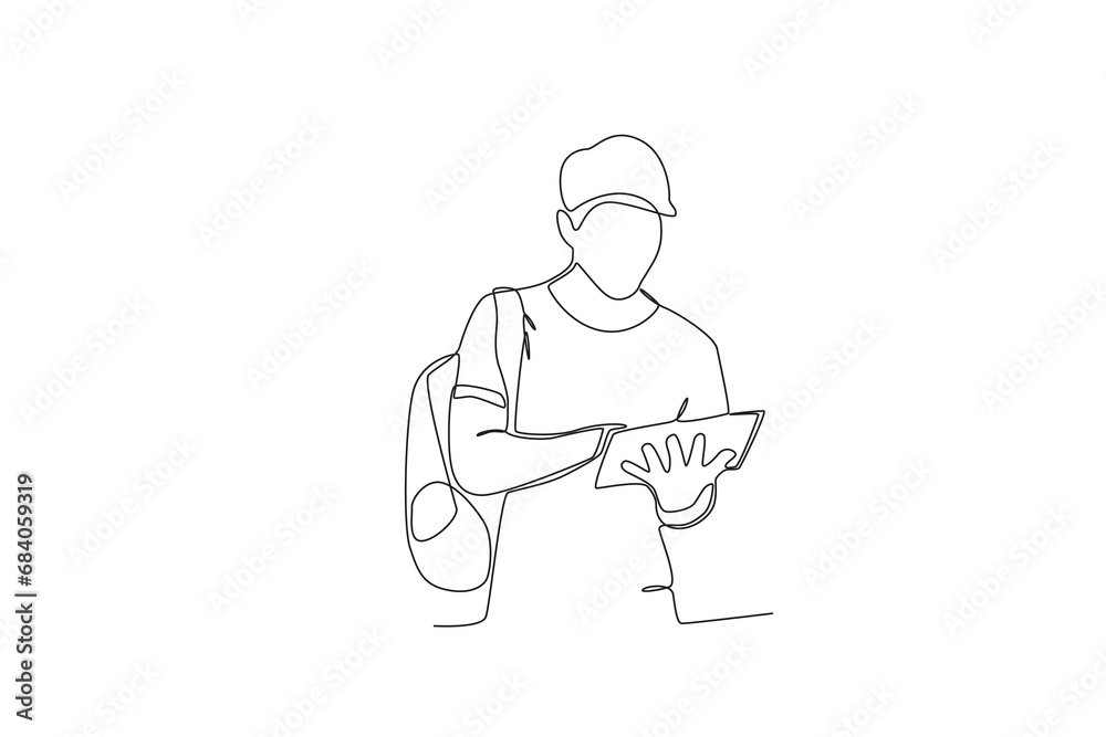 Single one line drawing a Male student looking at books in library. online education concept. Single line draw design vector graphic illustration
Single one line drawing a Male student looking at books in library. online education concept. Single line draw design vector graphic illustration