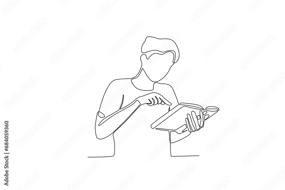 Single one line drawing a Man looking at books in library. online education concept. Single line draw design vector graphic illustration
Single one line drawing a Man looking at books in library. online education concept. Single line draw design vector graphic illustration