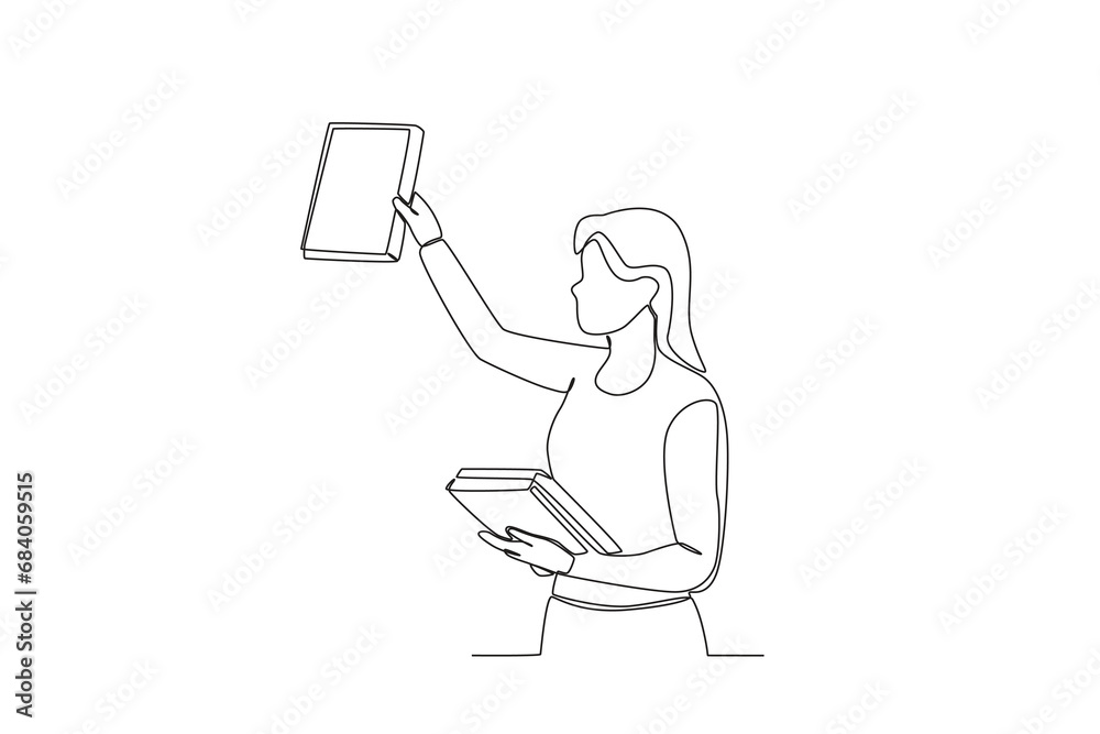 Single one line drawing a Woman arranging books in library. online education concept. Single line draw design vector graphic illustration
Single one line drawing a Woman arranging books in library. online education concept. Single line draw design vector graphic illustration