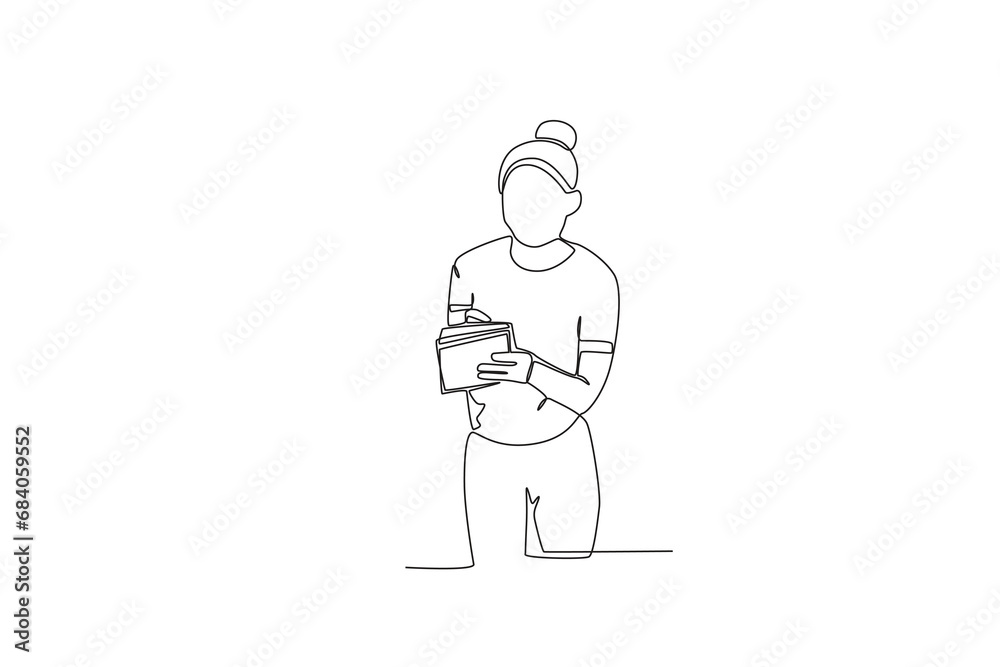 Single one line drawing a Woman looking at book titles in library. online education concept. Single line draw design vector graphic illustration
