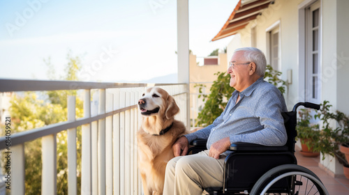 Senior man with old dog sitting on wheelchair on terrace © lelechka