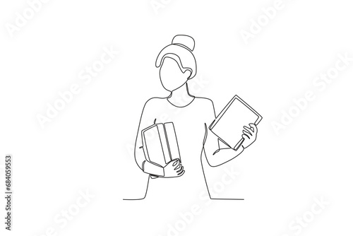 Single one line drawing a Woman choosing a book in the library. online education concept. Single line draw design vector graphic illustration
