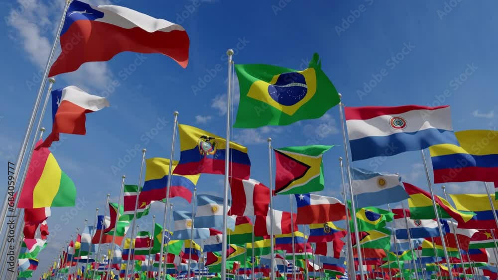 Set of flags of South American countries. Latin American countries. National flags waving on a clear day. 3d rendering animation.