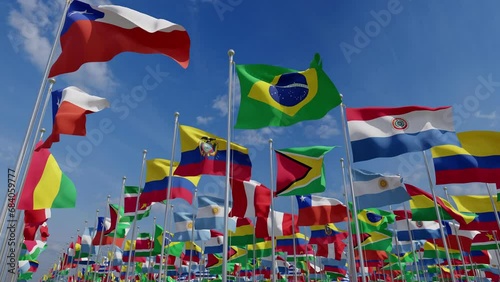 Set of flags of South American countries. Latin American countries. National flags waving on a clear day. 3d rendering animation.