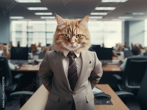 Serious cat boss wearing formal business suit in modern office as a successful leader in the company managing employees at work. Manager and Employer. Generative AI.