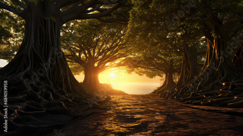 sunset photo in a dark banyan forest