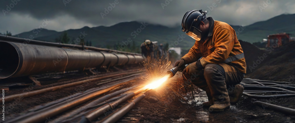Fototapeta premium Skilled welder assembling durable pipelines for infrastructure project