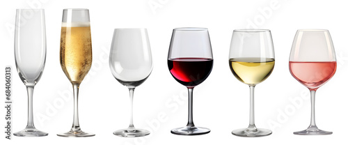 Collection set of red white rosé rose champagne wine glass goblet on transparent background cutout, PNG file. Mockup template for artwork graphic design