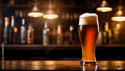 glass of beer on table with bar background