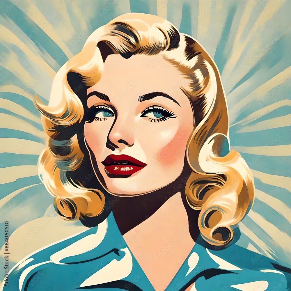 Φωτογραφία VINTAGE Illustration of a beautiful woman from the 1950s, long blond hair, blue eyes, rockabilly dress, summer, midcentury modern style