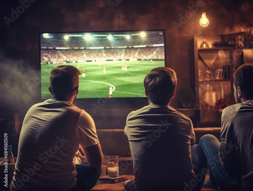 Back view photo of three men watching football on a large TV © Kedek Creative