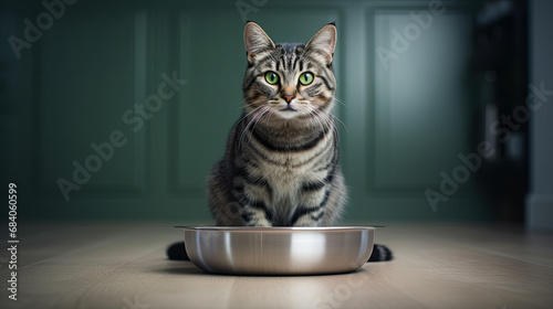 tabby cat with bowl of food on a floor