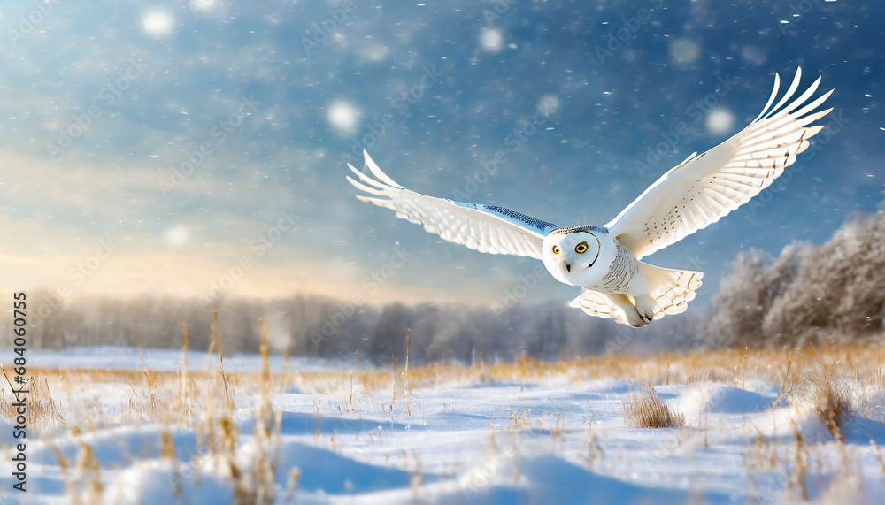snowy owl in low flight in winter with snowfall - obrazy, fototapety, plakaty 