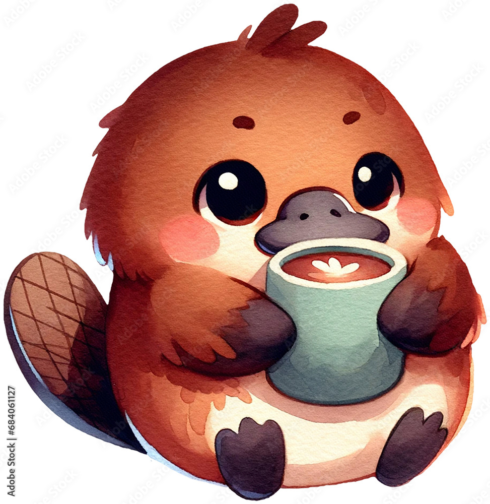 Naklejka premium An adorable watercolor platypus holding a cocoa mug clipart - perfectly isolated, with soft natural watercolor texture. Cozy winter mood.