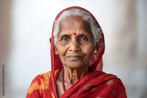 portrait of a graceful senior indian woman, senior Indian woman looking in camera on light background.