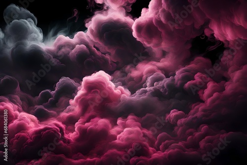 Generative AI illustration of magenta and pink fluffy pastel ink smoke cloud against black background   photo