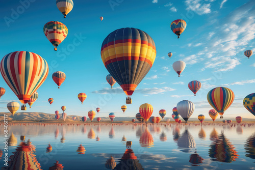 Hot colorful balloon travel air blue flying sky journey transportation flight adventure