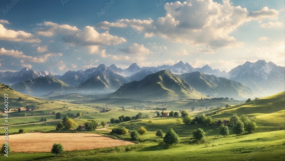 Vast green meadow with trees, mountains, and a cloudy sky
