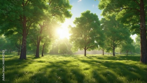 Tranquil dawn in a green forest with sunlight and trees 