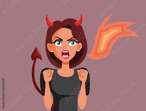 Evil Girlfriend Spitting Fire when Talking Vector Cartoon Illustration. Mean demonic wife being nasty complaining and nagging 
