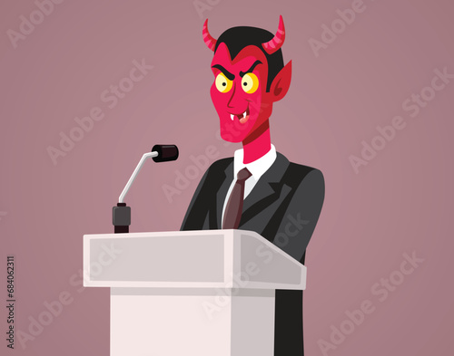 Evil Devil Taking on a Podium Giving Speech Vector Cartoon. Bad politician using demagogy and lies to win elections 
