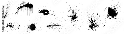 Ink splash vector background. Black paint blots on transparent background. Vector grunge textures. Isolated black ink spots, punk style splashes, splatter. Dirty splat drops. Punk spray drip texture photo