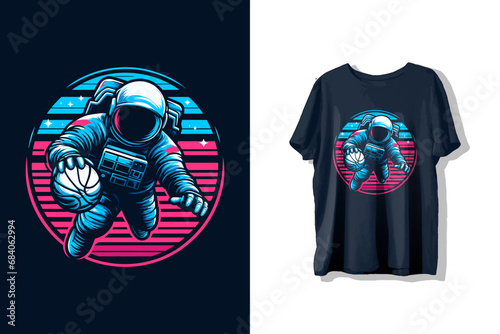 Astronaut playing basketball design for t-shirt prints or t shirt label illustration