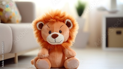 Cute lion plush toy, closeup.