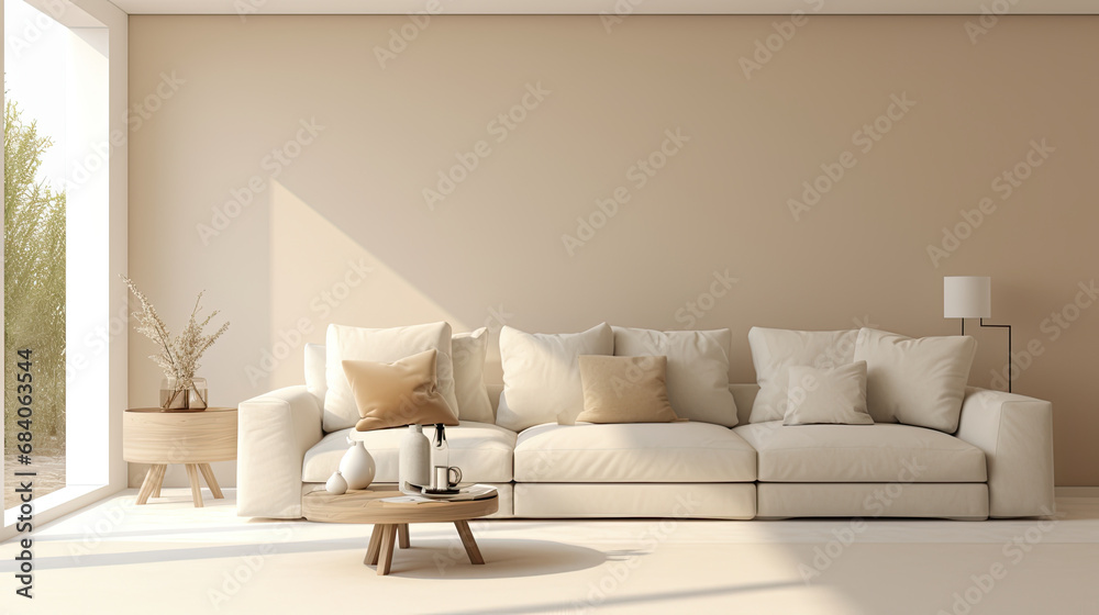 modern living room interior with beige couch. modern minimalist contemporary design of apartment 
