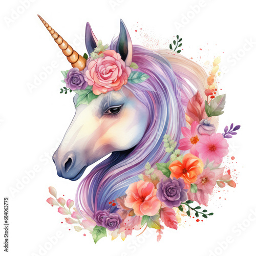 Cute colorful magic unicorn with flowers Illustration  Generative Ai