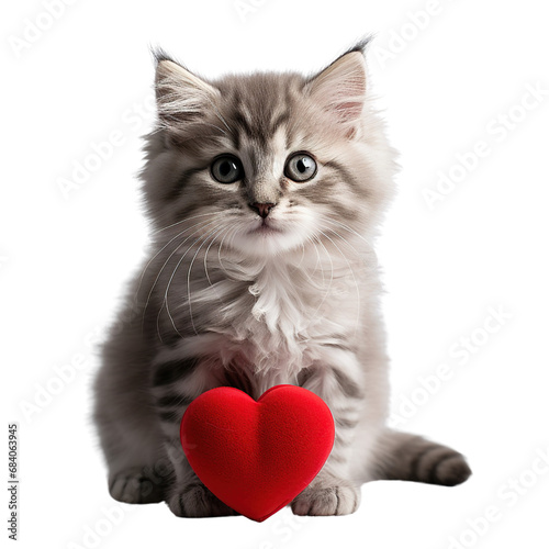 Cat holding a red heart isolated on white background