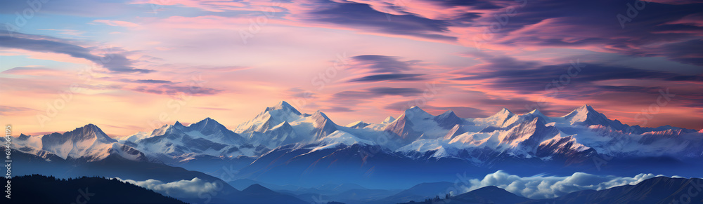  Sunset Over Mountains Covered With Snow. Illustration On The Theme Of Nature And Fantasy, Space Adventures And Landscapes. Generative AI