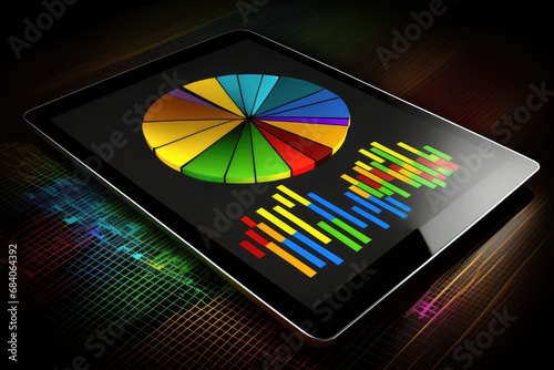 Tablet pc with colorful pie chart on dark background
