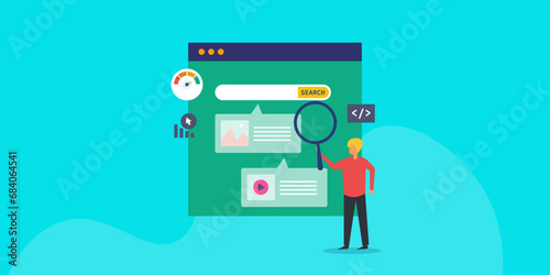 Man with magnifier analysing SEO development analytics e-business optimization conceptual vector illustration.