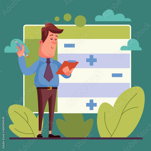 Business man with pencil and clipboard analyzing data. Flat vector illustration. Pluses and minuses on background. Business report, analysis concept