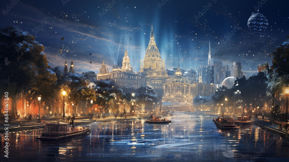 Obraz premium 大都市のクリスマスイルミネーションの風景