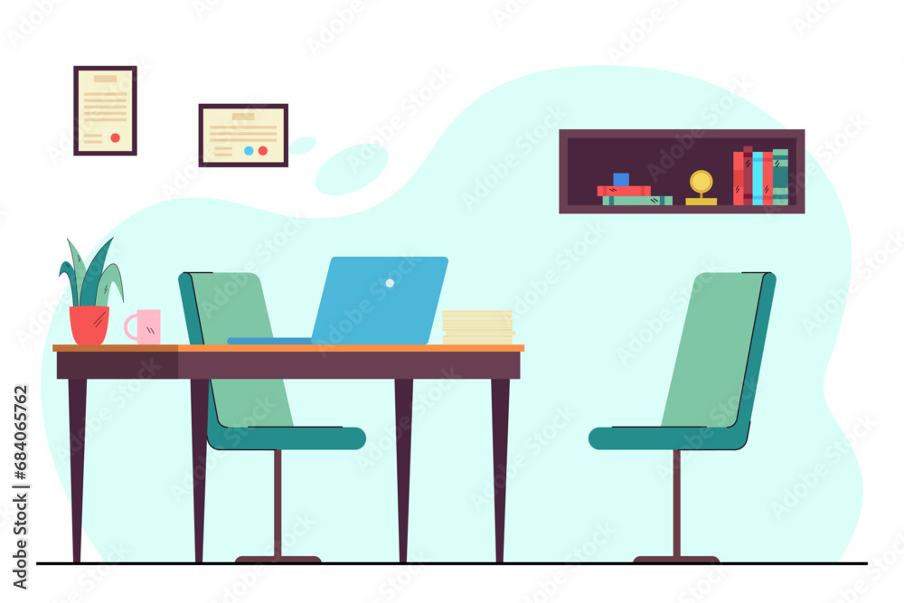 Empty office room for interviewing candidate vector illustration. Two armchairs, desk with laptop and documents. Interior design. HR concept