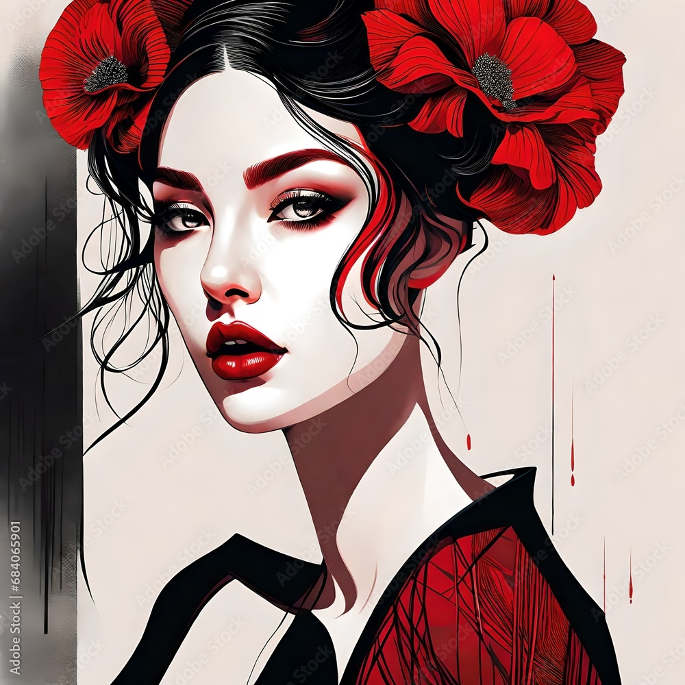 Φωτογραφία vintage portrait of a beautiful young woman, elegant, black and red colors, mini