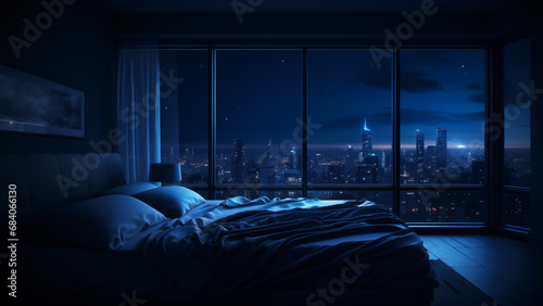 A simple but cozy hotel bedroom with a blue night view of the city around midnight.