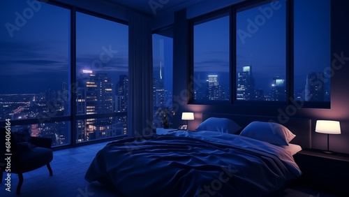 A simple but cozy hotel bedroom with a blue night view of the city around midnight.