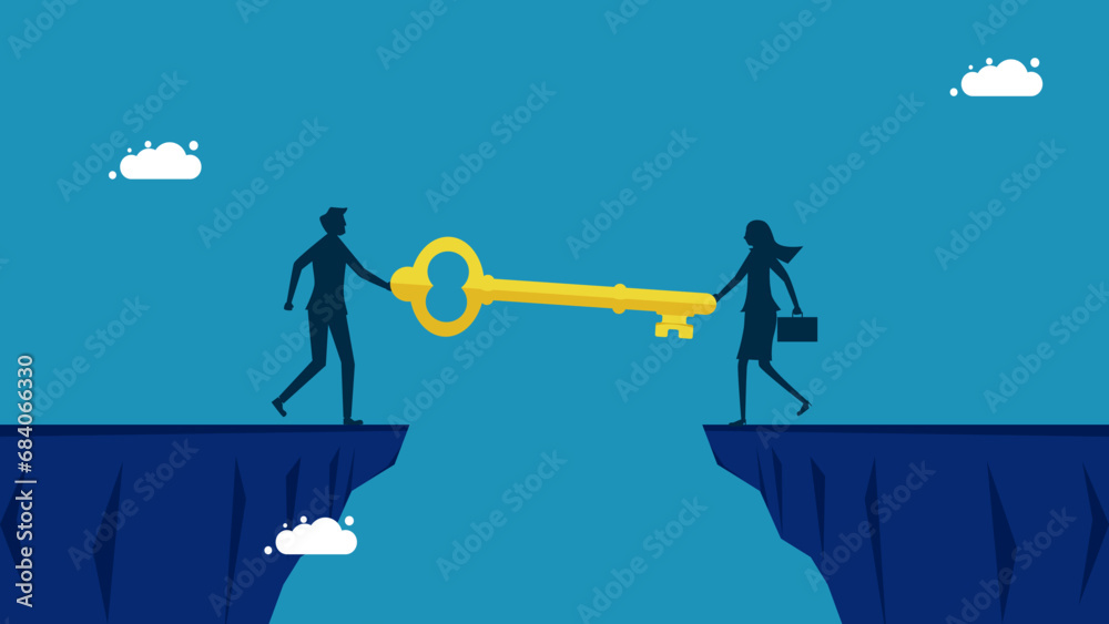 Secret tips for success. Two businessmen build a key bridge to connect cliffs. vector