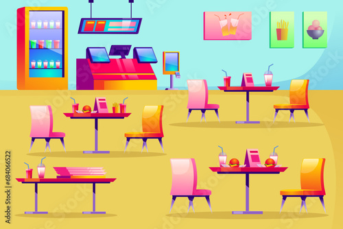 Vibrant food court interior design. Vector illustration. Tables and chairs. Food, snacks, cafe, restaurant concept