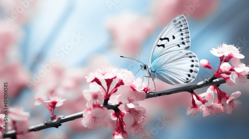 A beautiful butterfly in the branches of cherry blossoms.