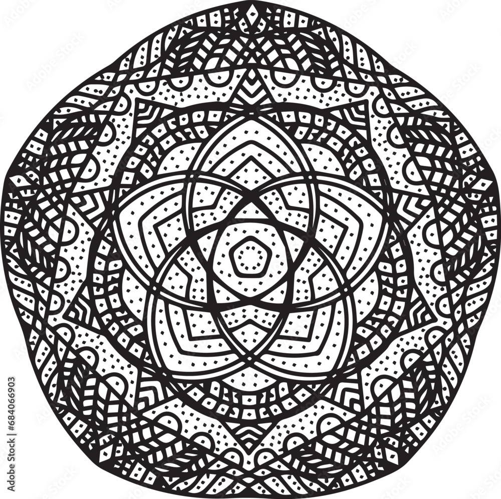Abstract black and white circular mandala pattern on a white background