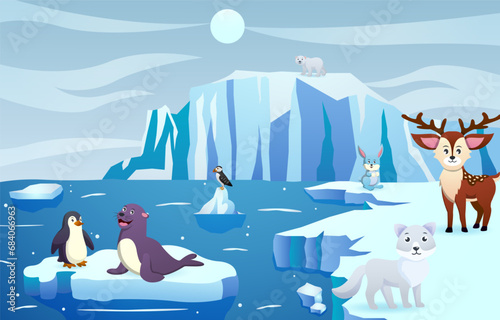 Antarctic scene with many animals . Vector .
