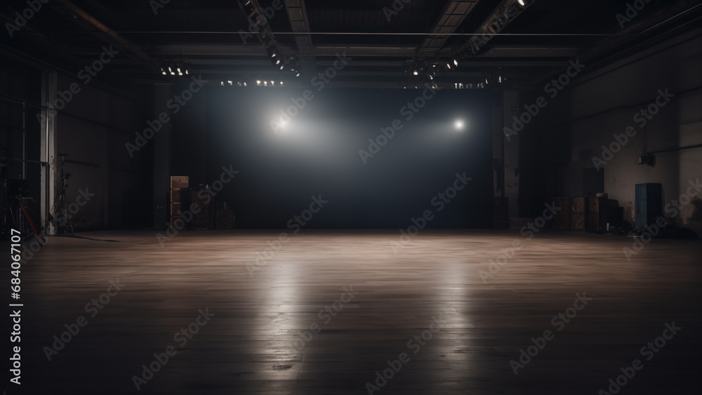 A not-so-glamorous but atmospheric stage illuminated by indirect lighting for an underground rock band.