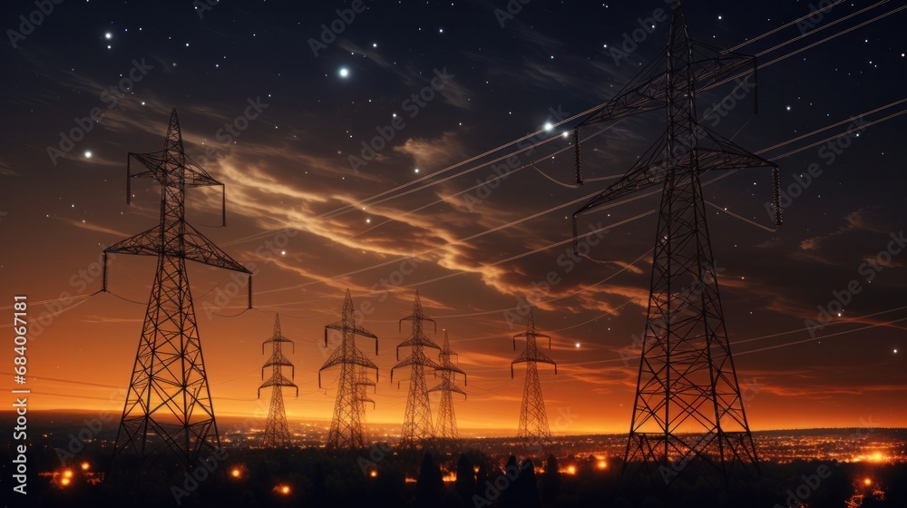 Electricity transmission towers with orange glowing wires the starry night sky. Energy infrastructure concept, energy, electricity, voltage, supply, pylon, technology