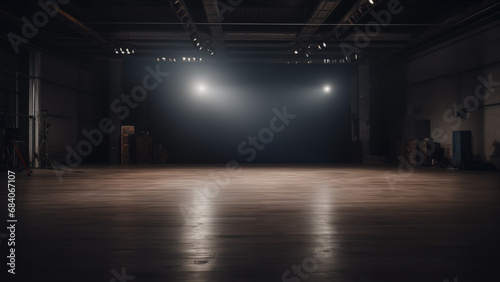A not-so-glamorous but atmospheric stage illuminated by indirect lighting for an underground rock band. photo