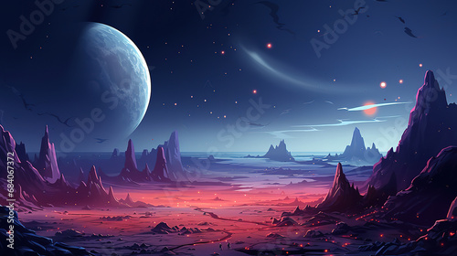Galaxy extraterrestrial light landscape with red desert ui scene. Generative Ai